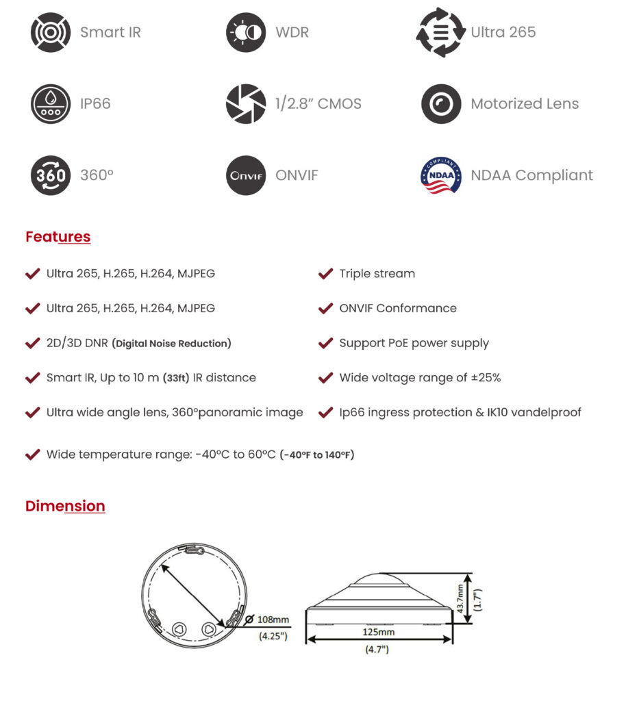 Nextcor Cameras CCTV 2MP Fisheye Fixed Dom Network Camera