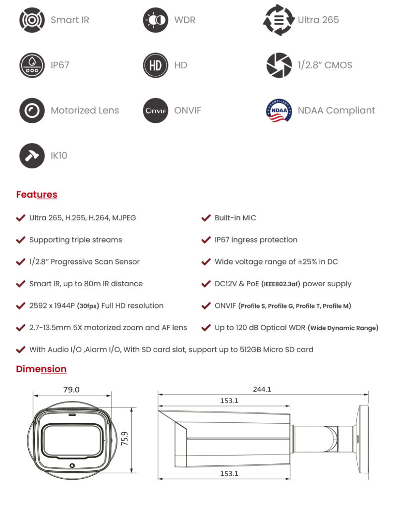 Nextcor Cameras CCTV H.265 5MP IP IR Bullet Camera